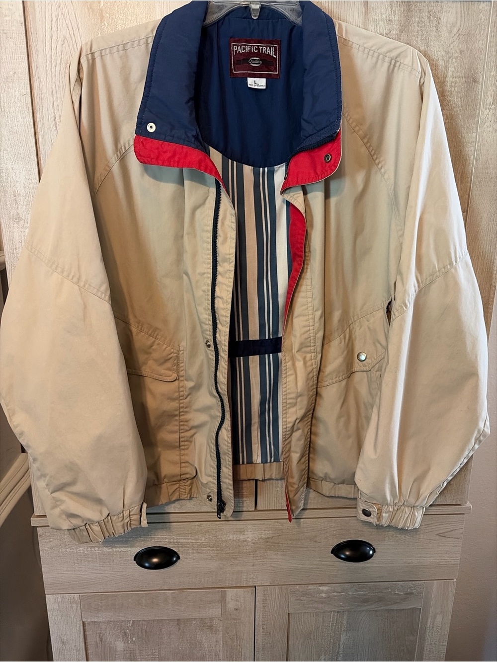 Pacific Trail Men's Beige Windbreaker with Navy & Red Accents